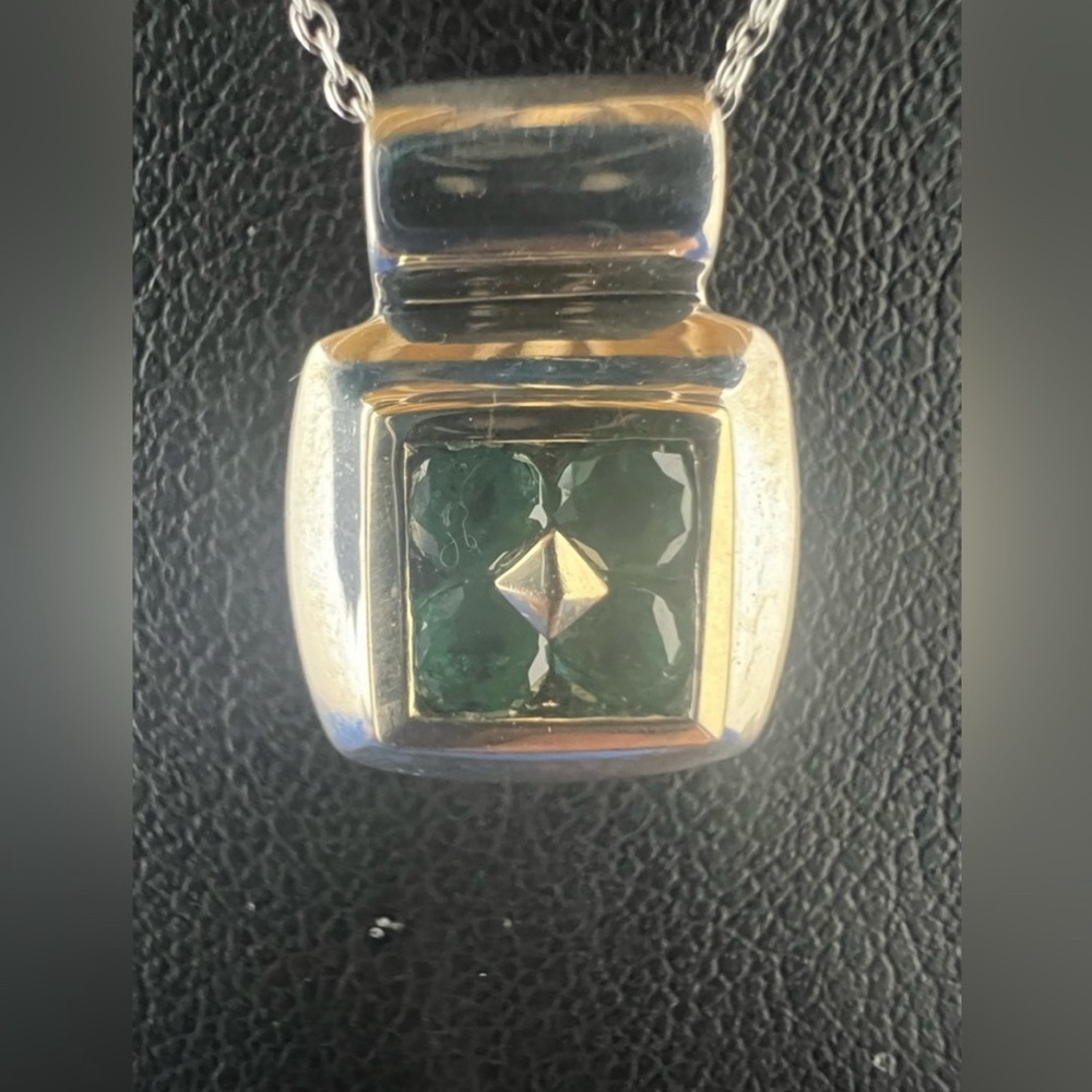 Sterling Silver and 14K Gold Green Stone Necklace